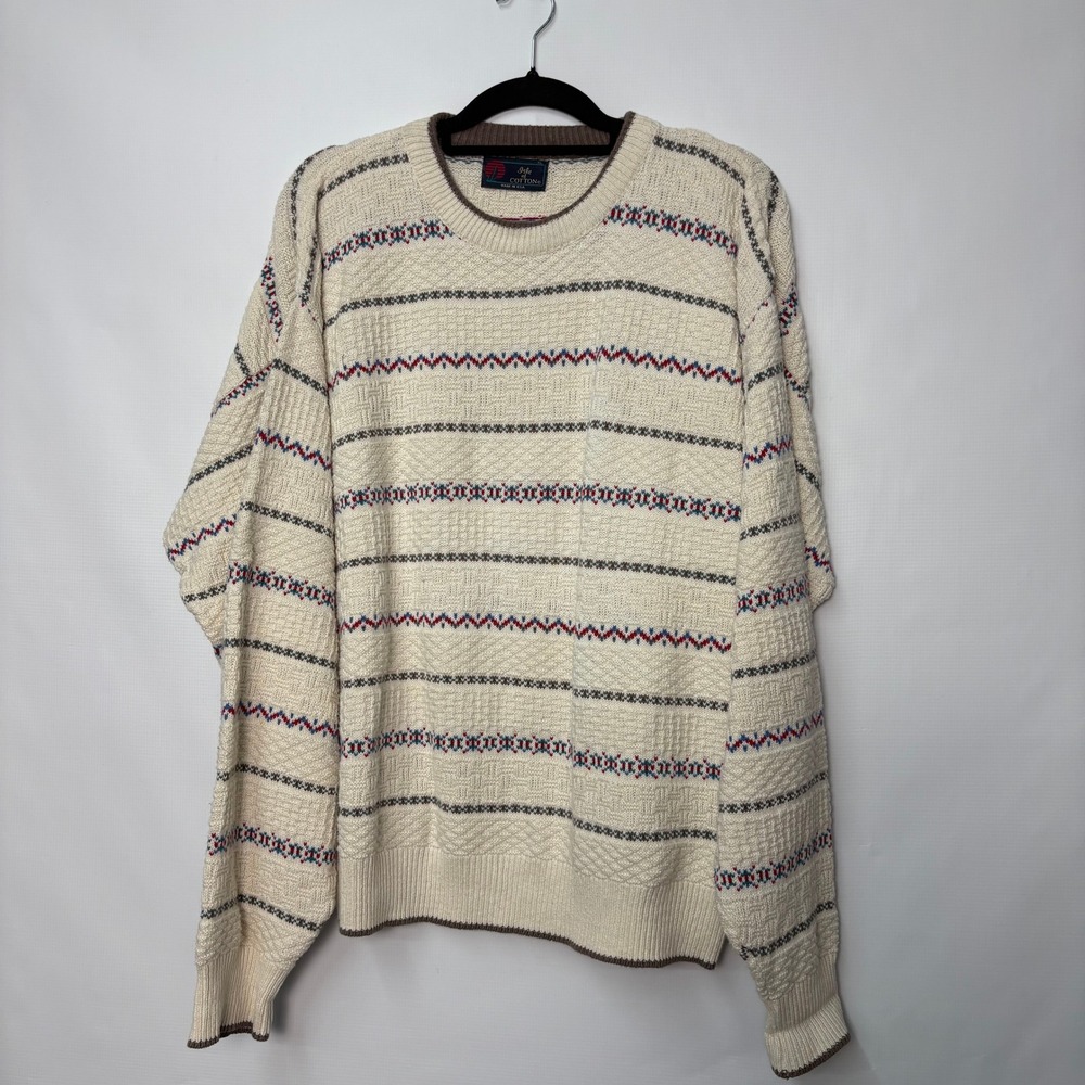 Isle of Cotton Vintage XL Cream Fair Isle Textured Knit Sweater USA Fisherman